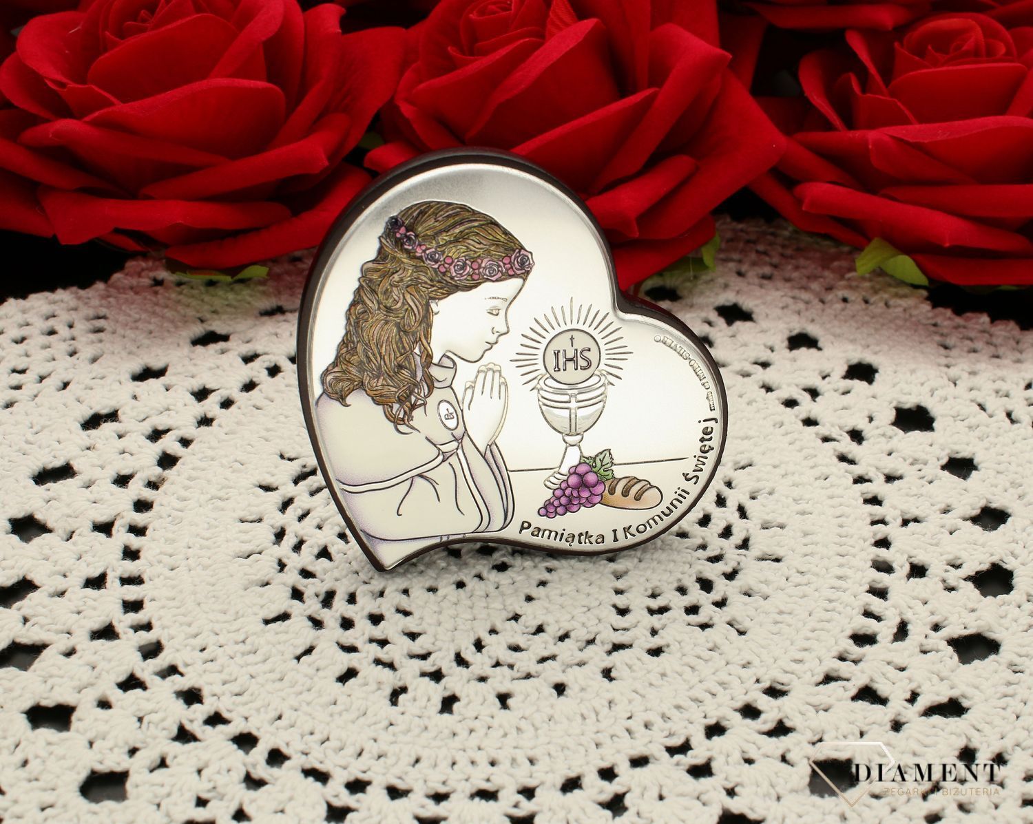 Obrazek srebrny Pierwsza Komunia Święta dla dziewczynki kolorowy 6746.1 COL. Pamiątka I komunii Świętej. Obrazek srebrny kolorowy z grawerem na komunie..jpg